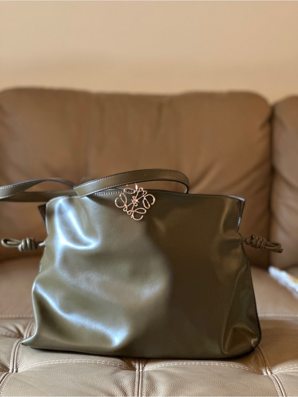 Olive Green Leather Anagram Tote Bag
